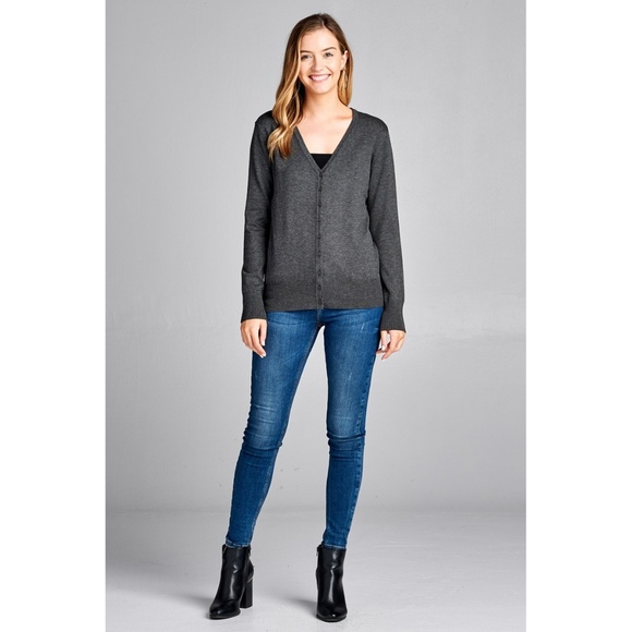 Basic Charcoal Gray Button Up Long Sleeve Cardigan - Picture 2 of 3